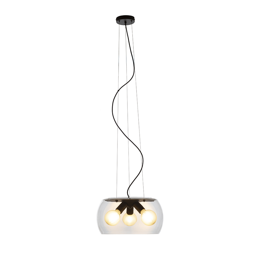 Lampă suspendată din sticlă in mai multe variante de culoare sticlă, pentru trei becuri LED cu baza, AMANDA negru mat transparentă 230V E27 3x15W