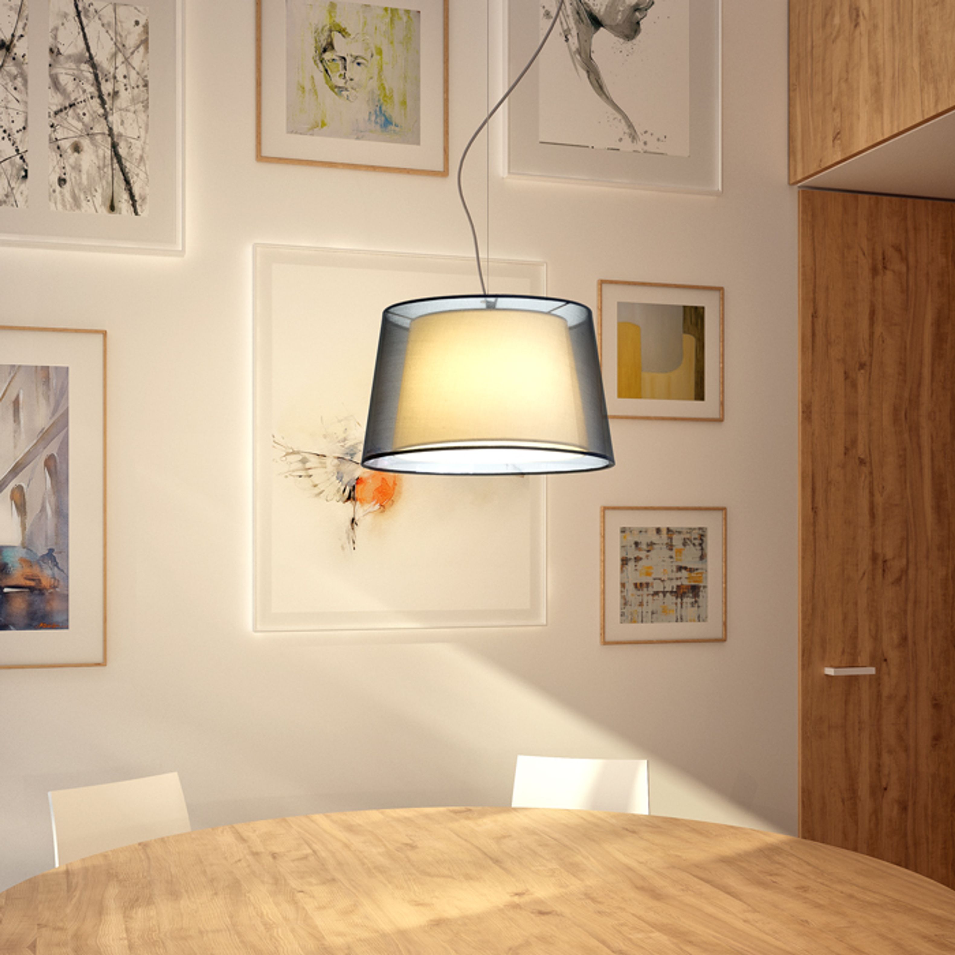 Lampă suspendată din material textil cu abajur dublu, ESPLANADE negru transparent/alb crom 230V LED E27 15W
