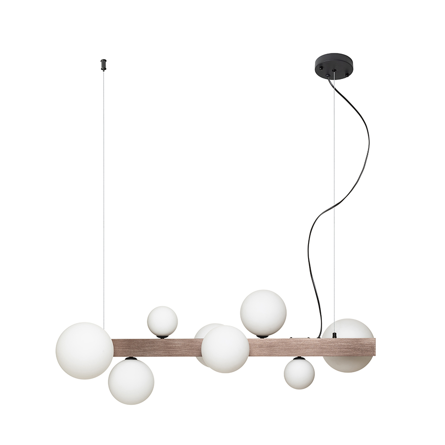 Lampa suspendatade design cu opt abajururi de sticla trei dimensiuni diferite, KASSANDRA sticlă opal/bronz pieptănat 230V G9 8x6W