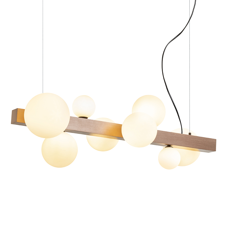 Lampa suspendatade design cu opt abajururi de sticla trei dimensiuni diferite, KASSANDRA sticlă opal/bronz pieptănat 230V G9 8x6W