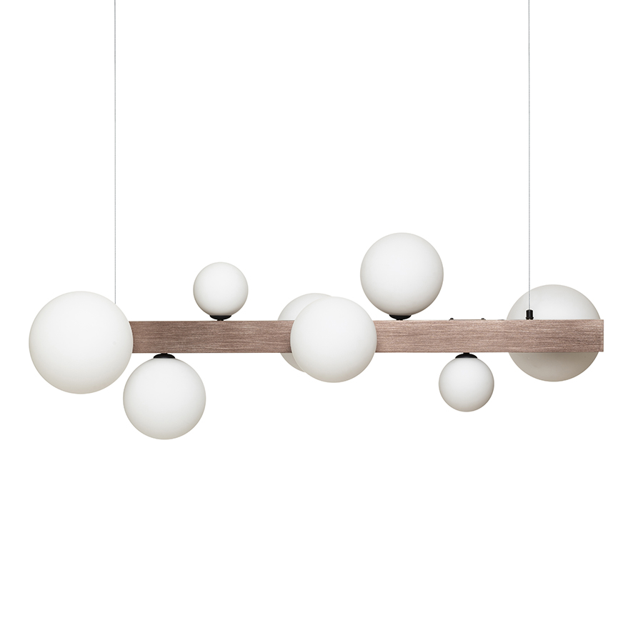 Lampa suspendatade design cu opt abajururi de sticla trei dimensiuni diferite, KASSANDRA sticlă opal/bronz pieptănat 230V G9 8x6W
