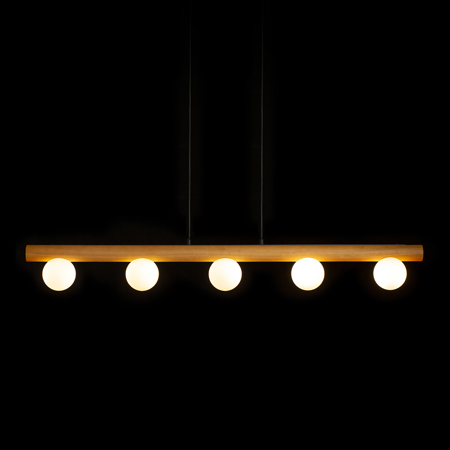 Lampă suspendată cu cinci abajururi din sticlă opal montată pe o bază din lemn, NOCTIS lemn/sticlă 230V LED G9 5x7W