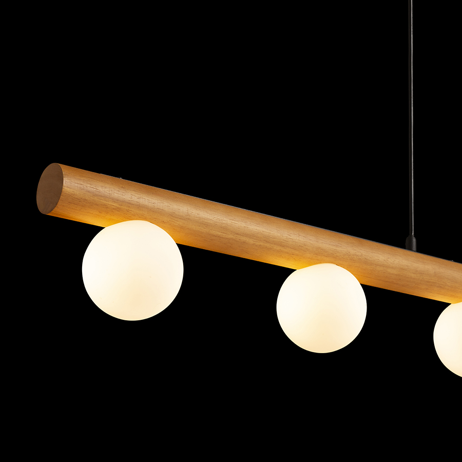 Lampă suspendată cu cinci abajururi din sticlă opal montată pe o bază din lemn, NOCTIS lemn/sticlă 230V LED G9 5x7W