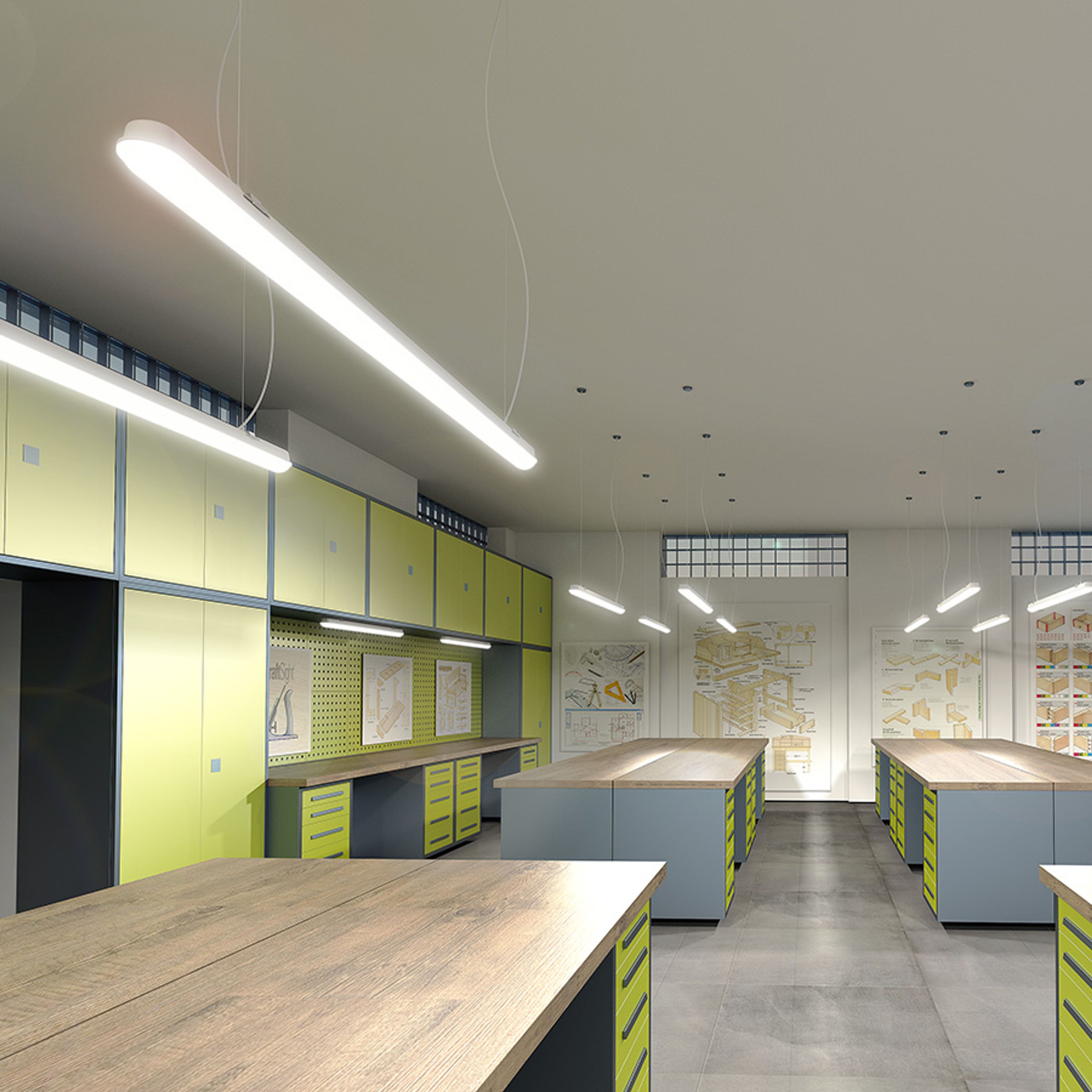 Lumină LED din fabrică, liniară, pentru montare pe plafon sau suspendată, cu kit de suspensie G13672, TRIDENT PRO 150 corp gri acrilică mată 230V 60W IP65 4000K