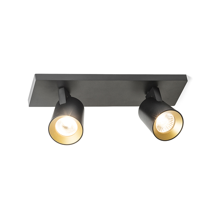 O serie elegantă de spoturi pentru lampă de bază GU10 cu inele de culoare schimbabile, KENNY II montat pe suprafață negru/auriu 230V LED 2x8W