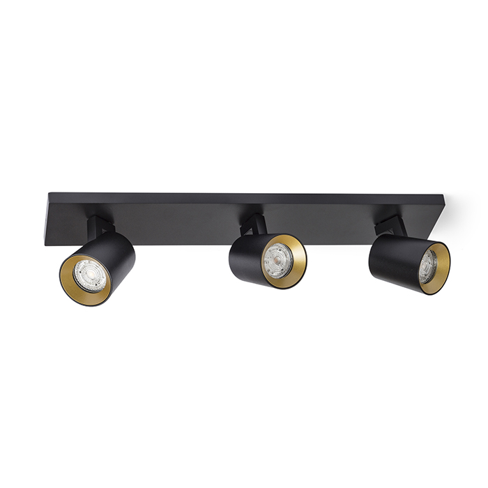 O serie elegantă de spoturi pentru lampă de bază GU10 cu inele de culoare schimbabile, KENNY III montat pe suprafață negru/auriu 230V LED 3x8W