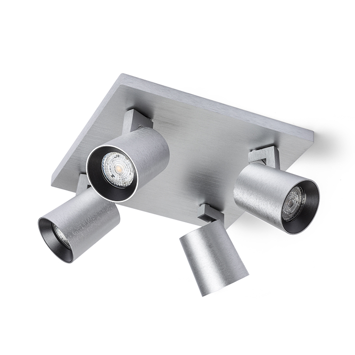 O serie elegantă de spoturi pentru lampă de bază GU10 cu inele de culoare schimbabile, KENNY IV de tavan aluminiu/negru 230V LED 4x8W