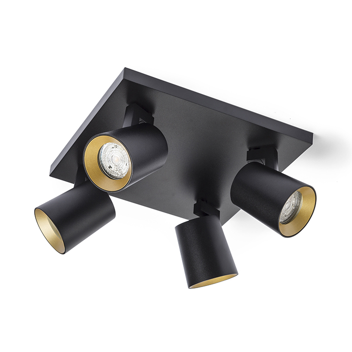O serie elegantă de spoturi pentru lampă de bază GU10 cu inele de culoare schimbabile, KENNY IV de tavan negru/auriu 230V LED 4x8W