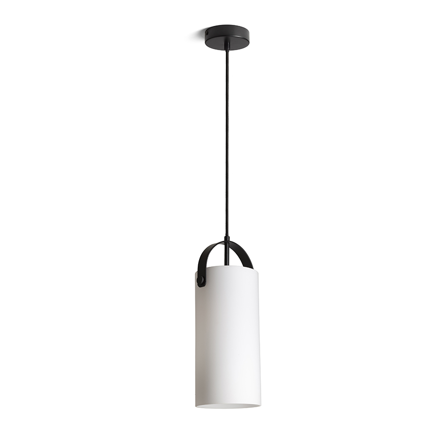 Pandantiv decorativ cu nuanța cilindrică din sticla de culoare opal, detalii metalice lacuite si, JULIETTA 31 suspendat sticlă opal/negru 230V LED E27 15W