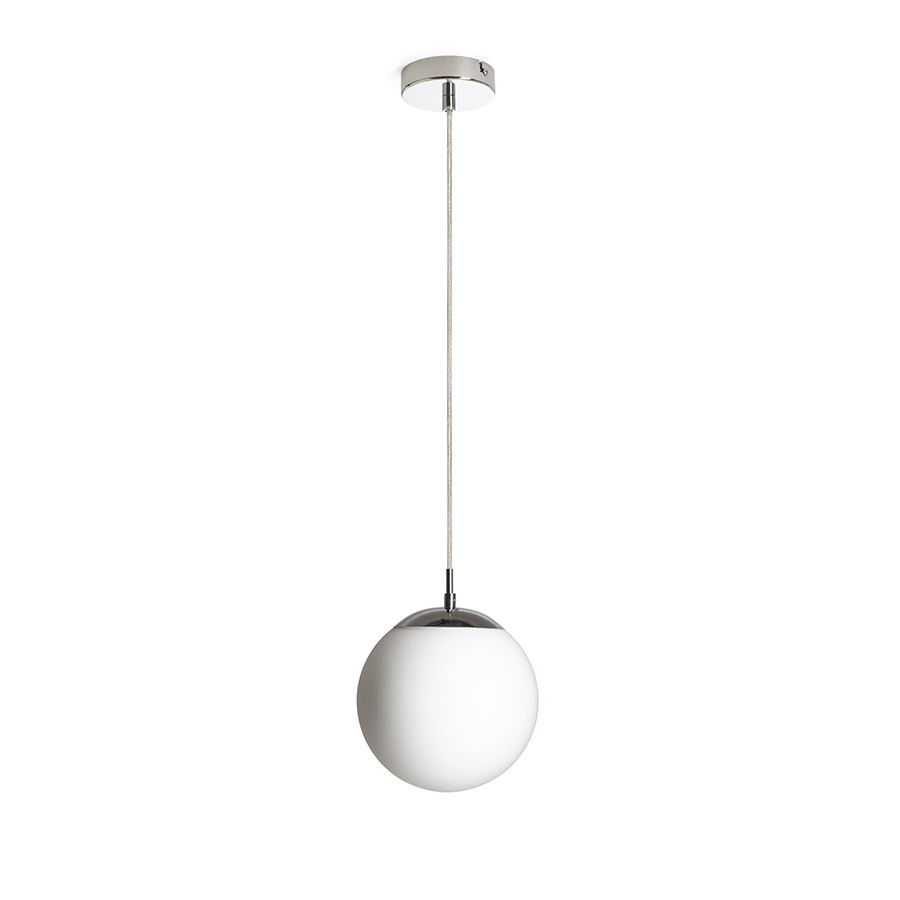 Pandantiv din sticla de culoare opal cu cablu transparent si detalii cromate, LUNA 20 suspendat sticlă opal/crom 230V LED E27 11W