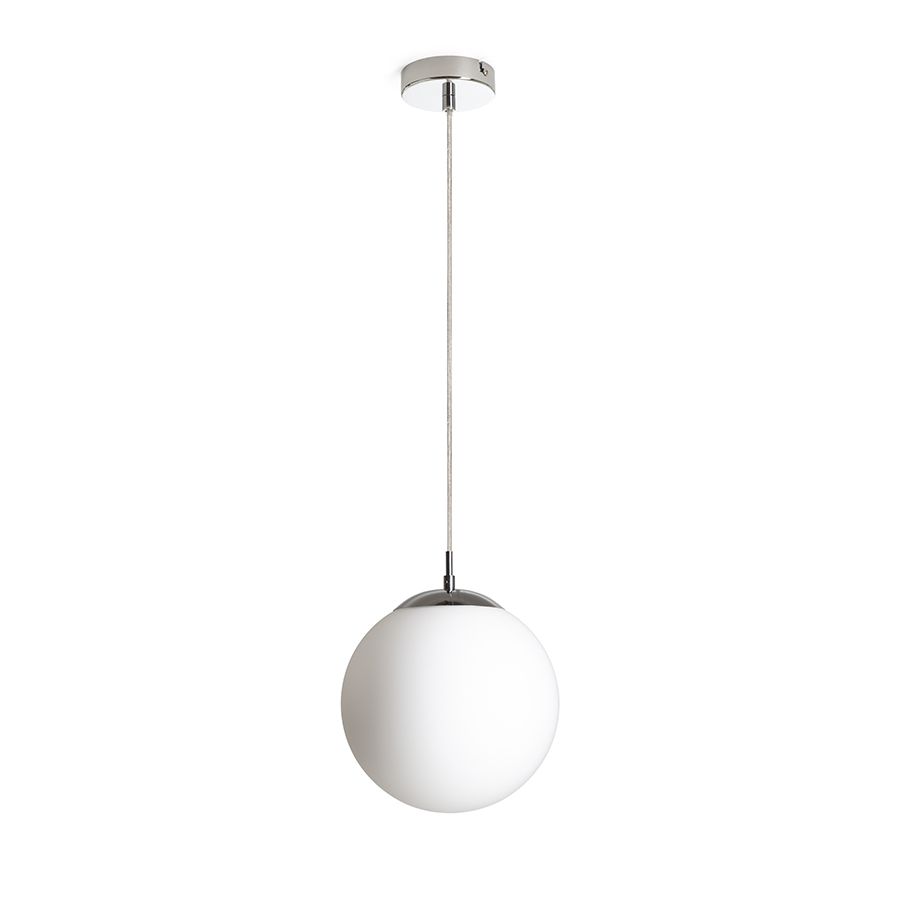 Pandantiv din sticlă de culoare opal cu cablu transparent si detalii cromate, LUNA 25 suspendat opal/crom 230V LED E27 15W