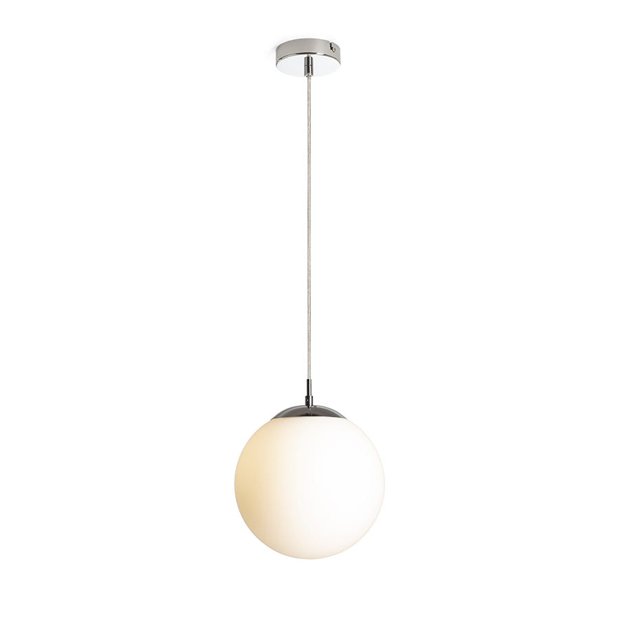 Pandantiv din sticlă de culoare opal cu cablu transparent si detalii cromate, LUNA 25 suspendat opal/crom 230V LED E27 15W