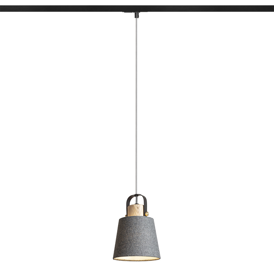 Pandantiv textil cu detalii din lemn pentru surse de lumină cu LED cu montaj E27, CHOUPETTE șină cu 1-circuit negru-gri textil/lemn 230V 11W