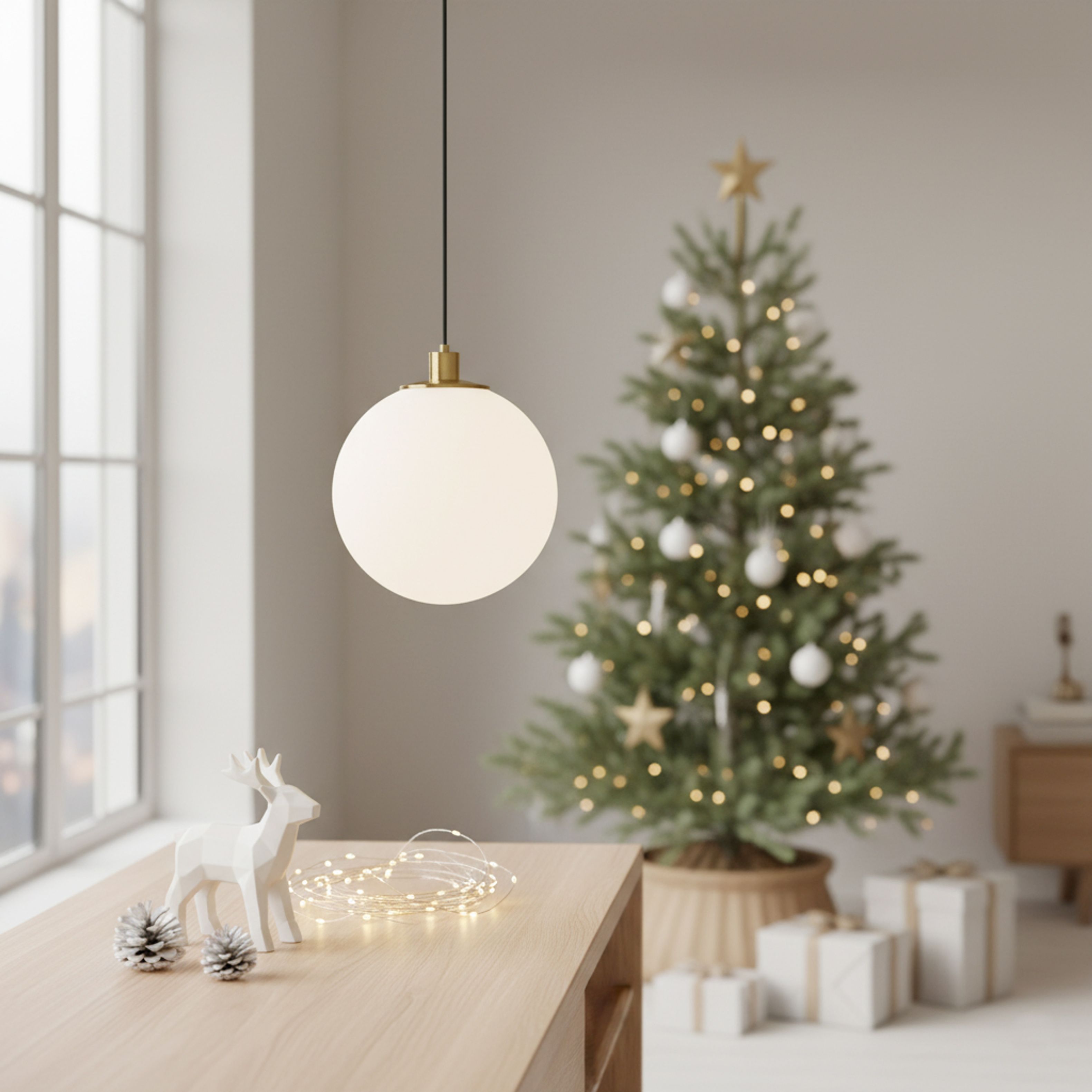 Pandantiv din sticla in forma de sfera pentru o sursa de lumina LED cu baza E27, cu diametrul maxim, BOULDER 30 suspendat sticlă opal/alamă pieptănat 230V E27 15W