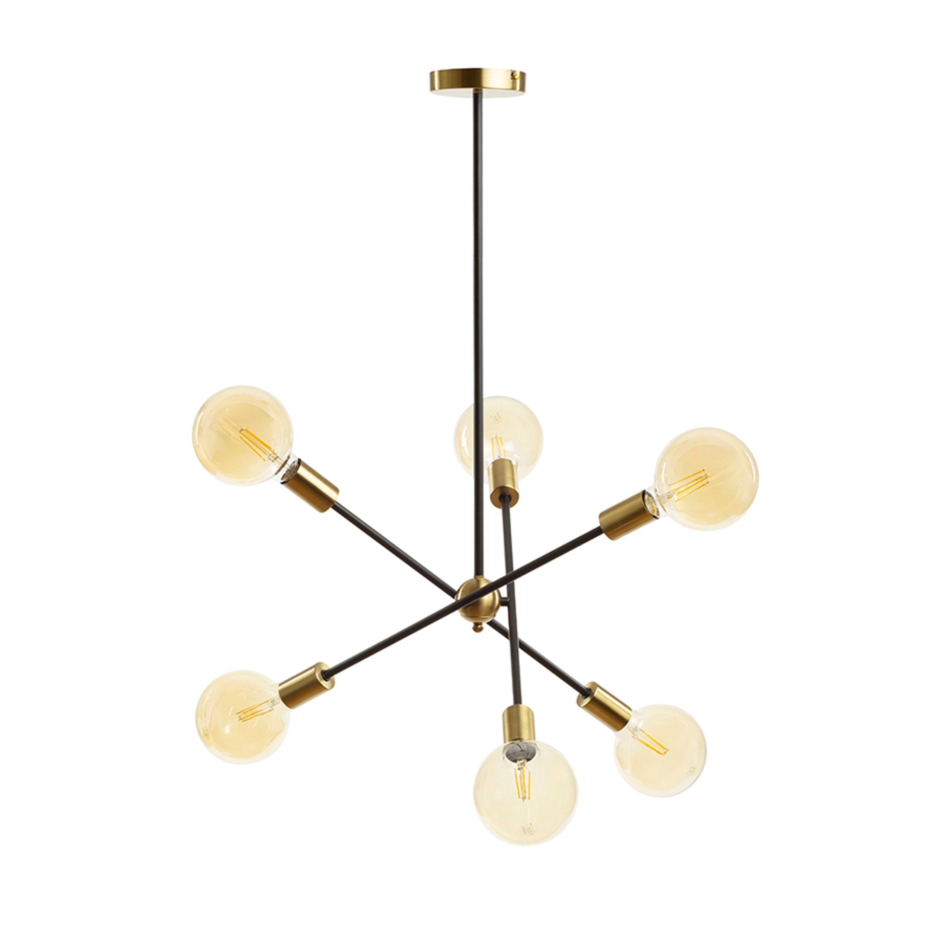 Pandantiv de designer pe o tija cu capace decorative din alama pentru prize, ARTEMIA 6 pe un stalp negru alamă pieptănat 230V LED E27 6x15W