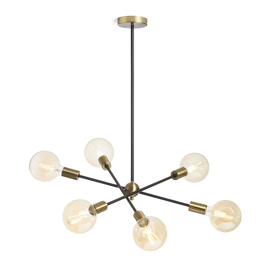 Pandantiv de designer pe o tija cu capace decorative din alama pentru prize, ARTEMIA 6 pe un stalp negru alamă pieptănat 230V LED E27 6x15W