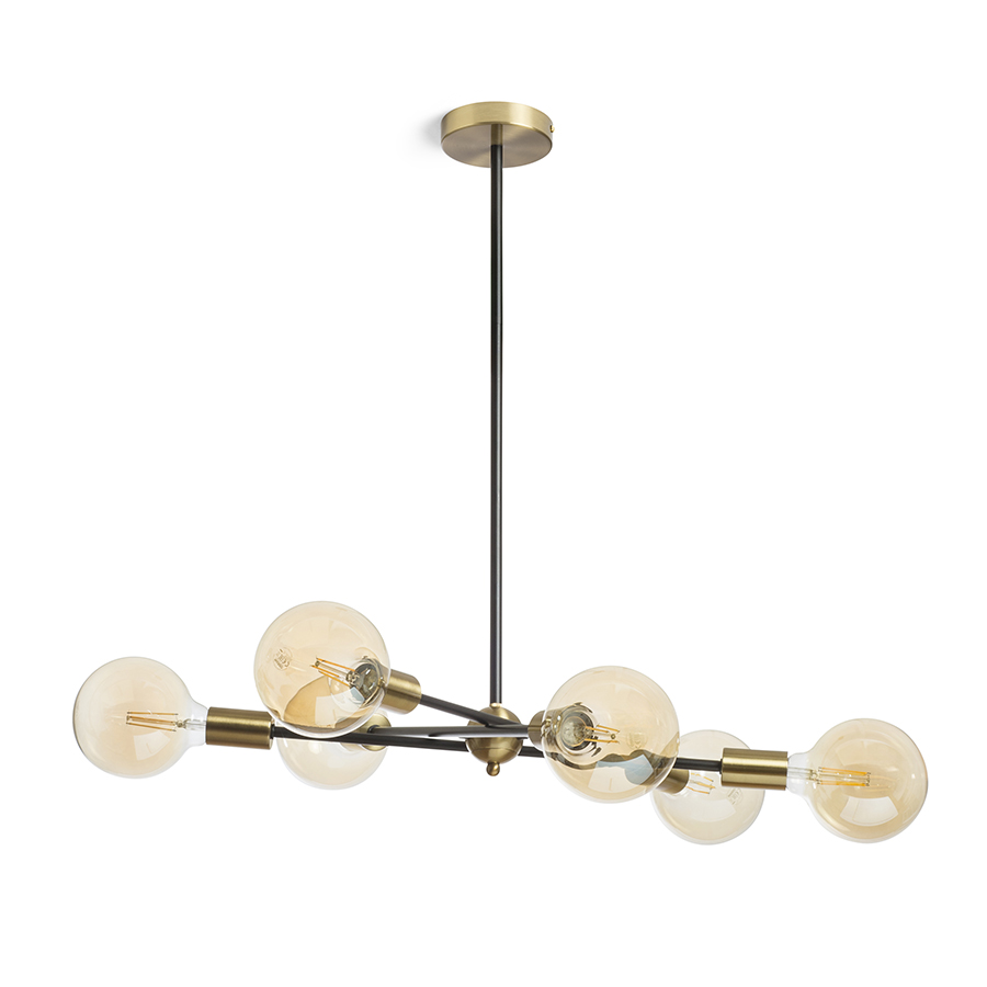 Pandantiv de designer pe o tija cu capace decorative din alama pentru prize, ARTEMIA 6 pe un stalp negru alamă pieptănat 230V LED E27 6x15W