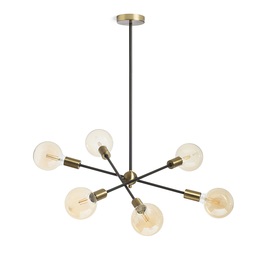 Pandantiv de designer pe o tija cu capace decorative din alama pentru prize, ARTEMIA 6 pe un stalp negru alamă pieptănat 230V LED E27 6x15W