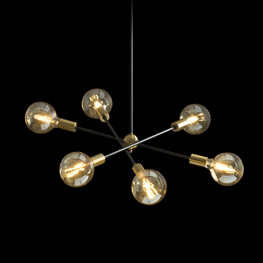 Pandantiv de designer pe o tija cu capace decorative din alama pentru prize, ARTEMIA 6 pe un stalp negru alamă pieptănat 230V LED E27 6x15W
