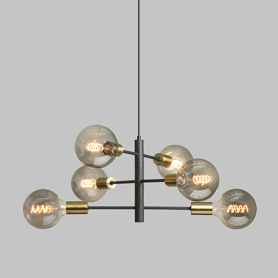 Pandantiv de designer cu capace decorative din alama pentru prize, ARTEMIA 6 suspendat negru alamă pieptănat 230V LED E27 6x15W