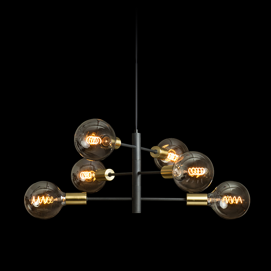 Pandantiv de designer cu capace decorative din alama pentru prize, ARTEMIA 6 suspendat negru alamă pieptănat 230V LED E27 6x15W