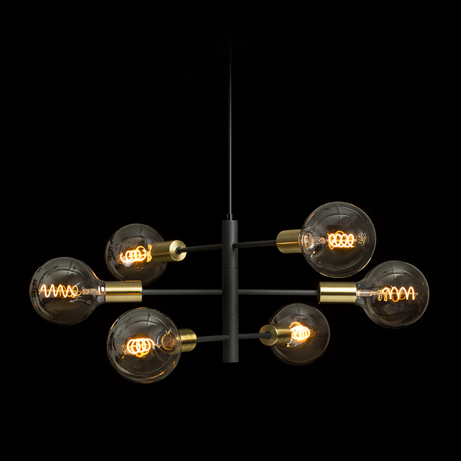 Pandantiv de designer cu capace decorative din alama pentru prize, ARTEMIA 6 suspendat negru alamă pieptănat 230V LED E27 6x15W