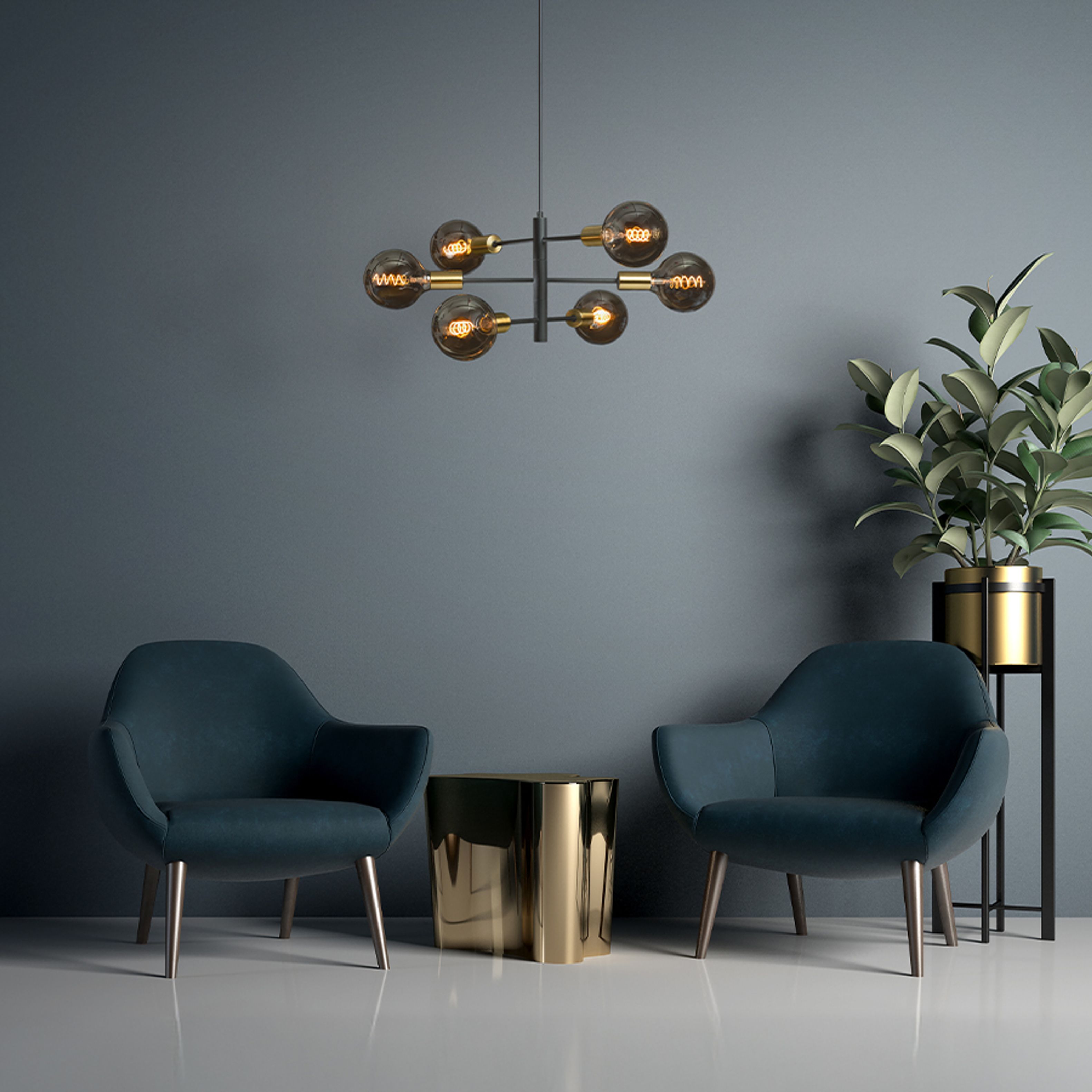 Pandantiv de designer cu capace decorative din alama pentru prize, ARTEMIA 6 suspendat negru alamă pieptănat 230V LED E27 6x15W