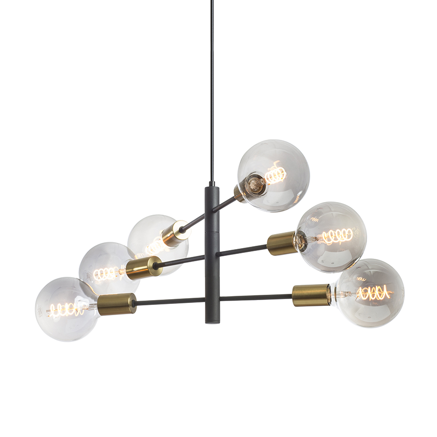 Pandantiv de designer cu capace decorative din alama pentru prize, ARTEMIA 6 suspendat negru alamă pieptănat 230V LED E27 6x15W
