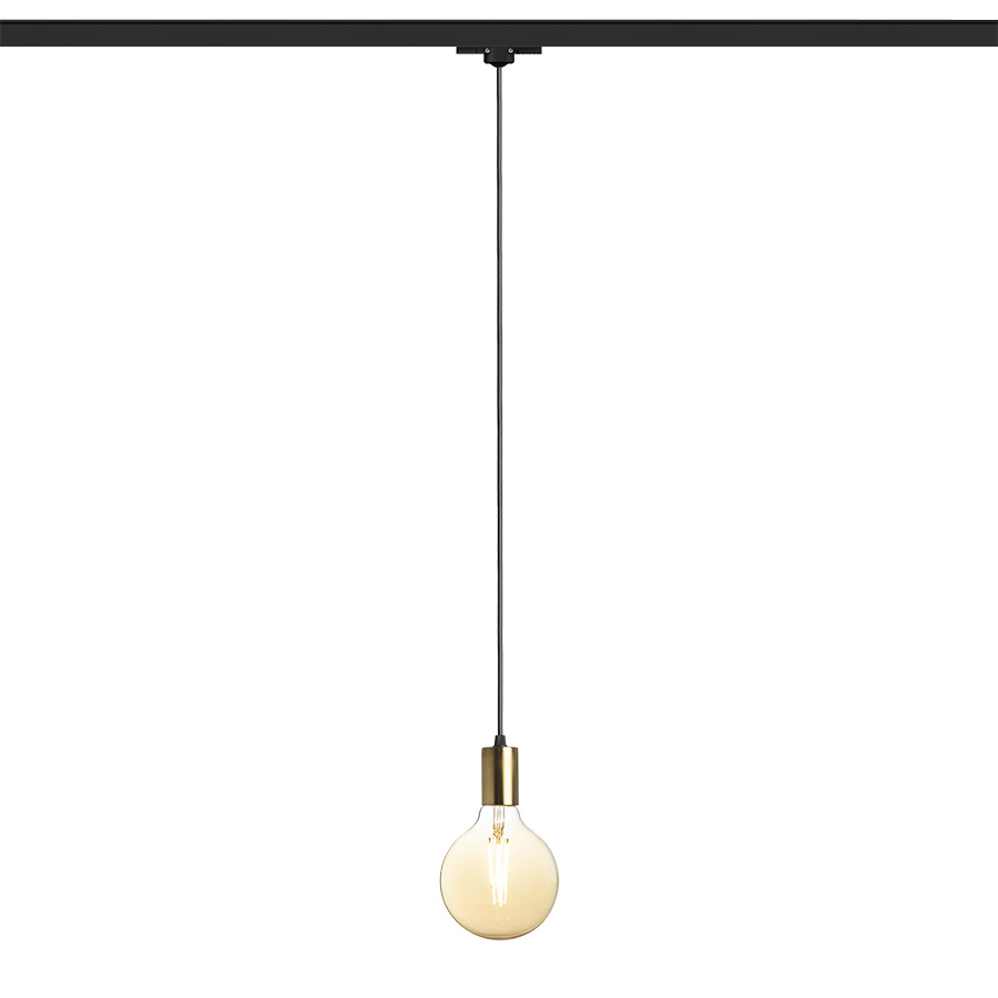 Pendant cu priză din alama, cablu textil și adaptor pentru șine cu 3-circuite, ARAQ pentru șină cu 3-circuite suspendat alamă pieptănat/negru 230V LED E27 15W