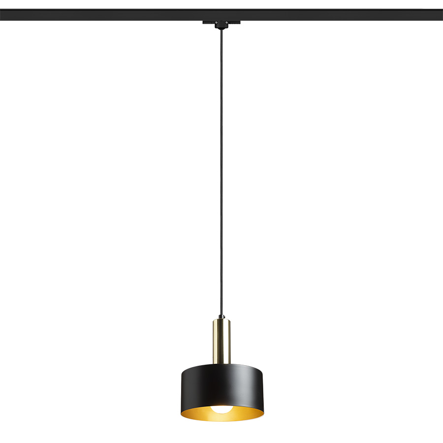 Lampă suspendata cu abajur metalic lacuit si cablu textil, GIULIA 20 pentru șină cu 3-circuite negru/aurie maro alamă 230V LED E27 15W
