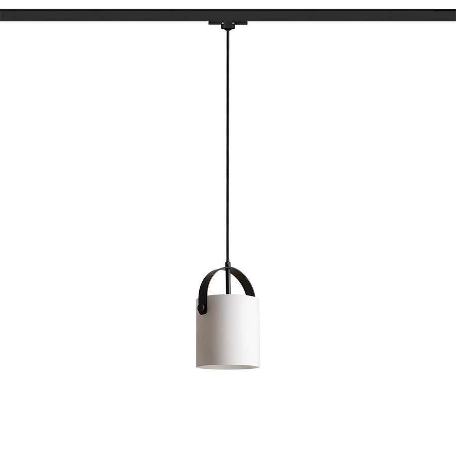 Pandativ cu nuanță de culoare opal, detalii din metal lacuit, cablu textil negru si adaptor pentru, JULIETTA 16 șină cu 3-circuite sticlă opal/negru 230V LED E27 15W