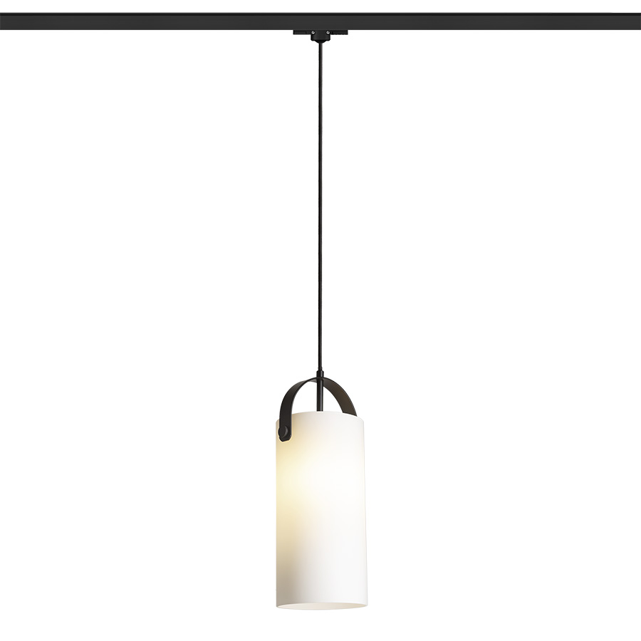 Pandantiv cu nuanță cilindrica de culoare opal, detalii din metal lacuit, cablu textil negru si, JULIETTA 31 pentru șină cu 3-circuite sticlă opal/negru 230V LED E27 15W