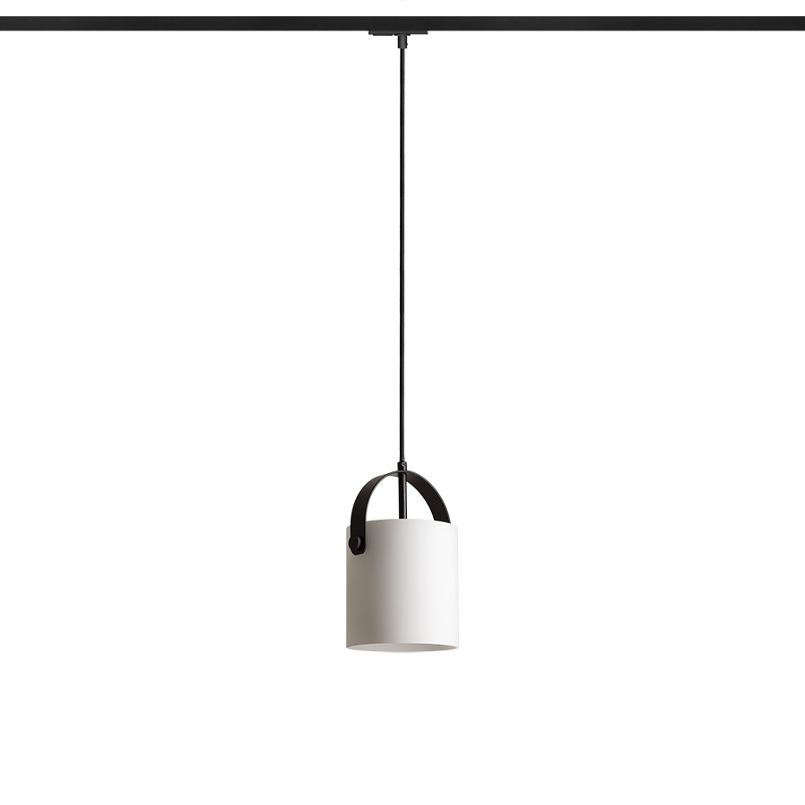 Pandantiv cu nuanță cilindrică de culoare opal, detalii din metal lacuit, cablu textil negru si, JULIETTA 16 pentru șină cu 1-circuit sticlă opal/negru 230V LED E27 15W