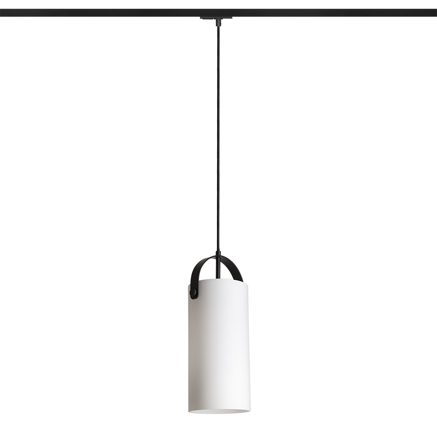 Pandantiv cu nuanță cilindrică de culoare opal, detalii din metal lacuit, cablu textil negru si, JULIETTA 31 pentru șină cu 1-circuit sticlă opal/negru 230V LED E27 15W
