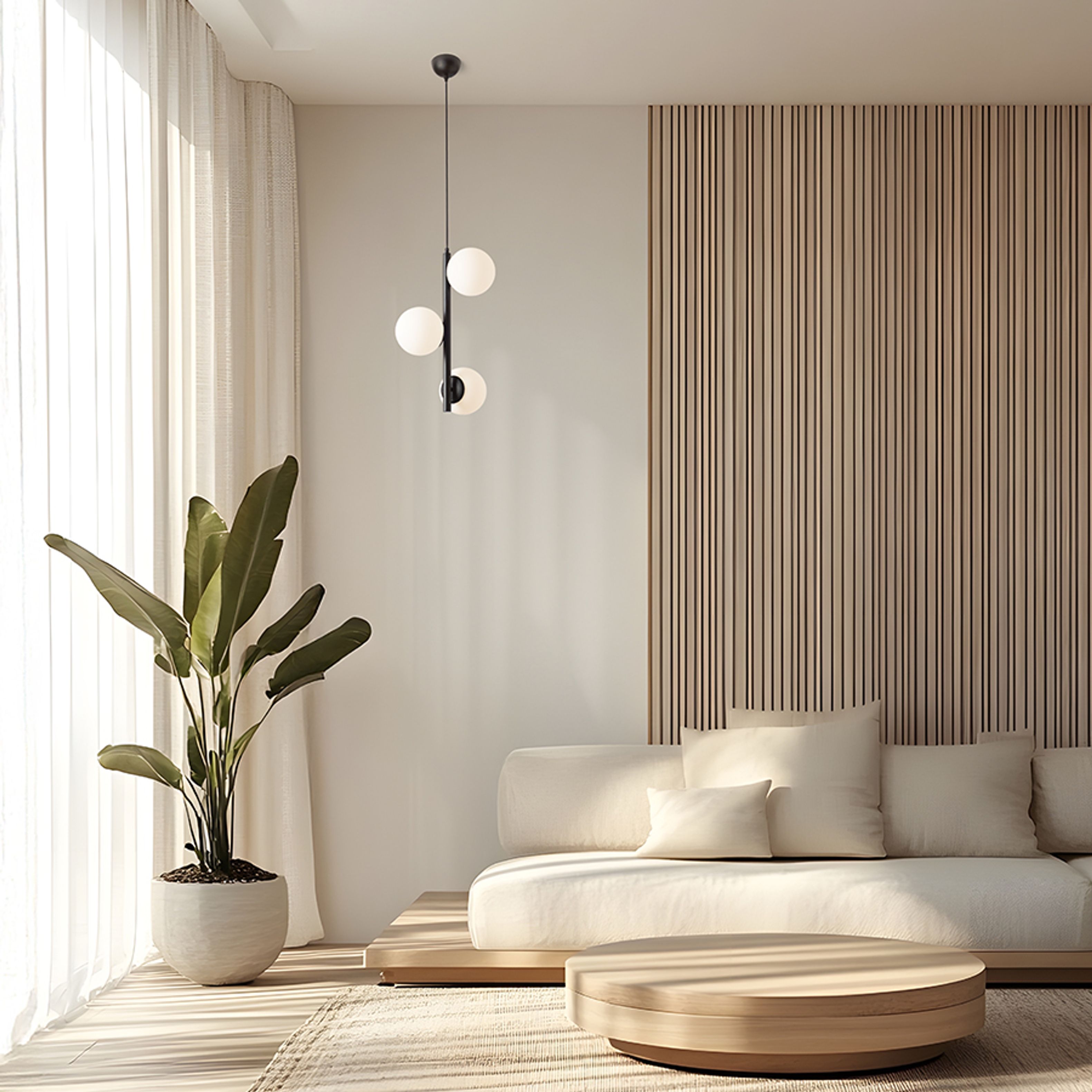 Lampă eleganta cu pandantiv cu trei globuri opal pe tijă verticală pentru surse de lumina LED E27, ETHERIA suspendat negru sticlă 230V 3x11W