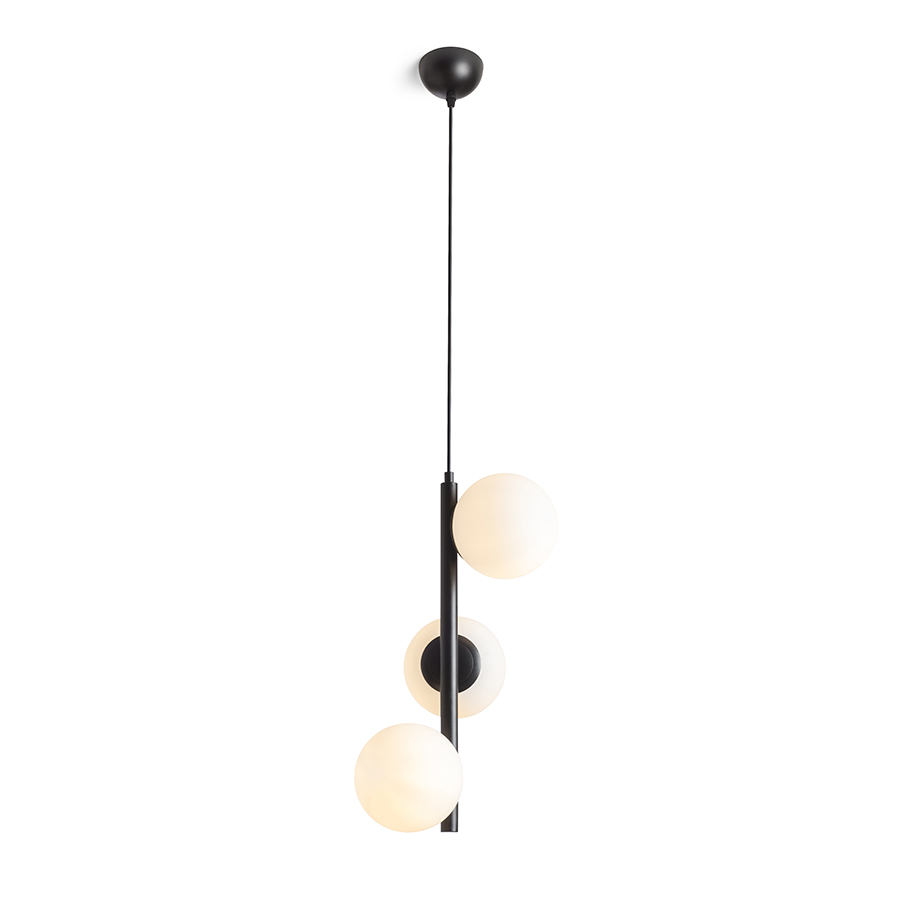 Lampă eleganta cu pandantiv cu trei globuri opal pe tijă verticală pentru surse de lumina LED E27, ETHERIA suspendat negru sticlă 230V 3x11W