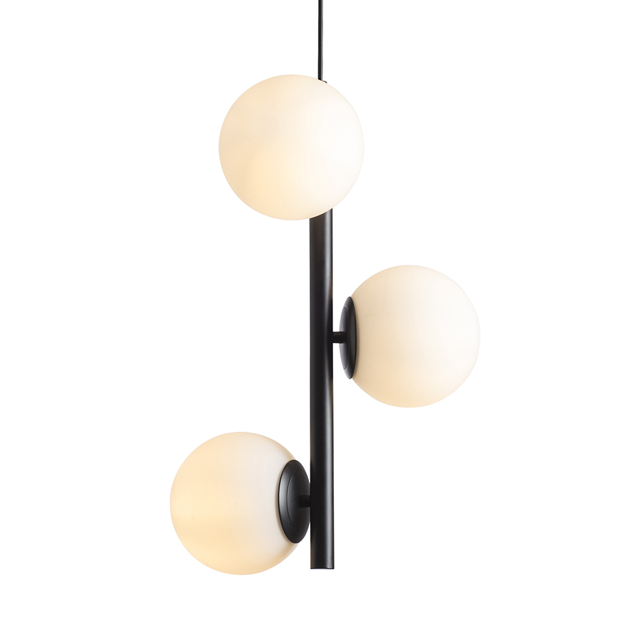 Lampă eleganta cu pandantiv cu trei globuri opal pe tijă verticală pentru surse de lumina LED E27, ETHERIA suspendat negru sticlă 230V 3x11W