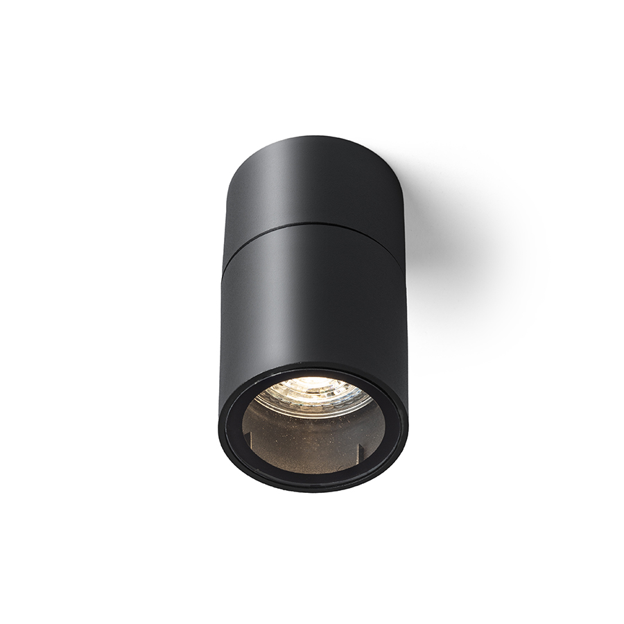 Plafoniera cilindrică exterioară din fibră de carbon cu o priză GU10 pentru surse de lumină LED, SORANO de tavan negru plastic 230V 8W IP44