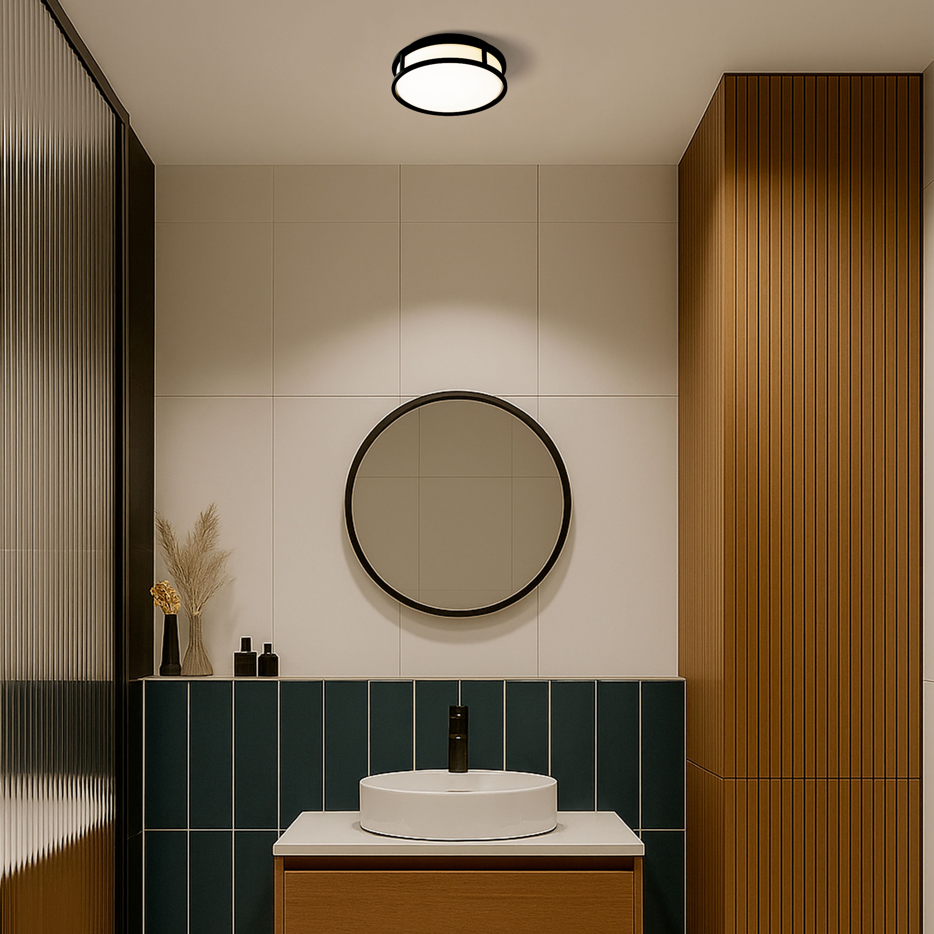 Plafoniera pentru baie cu LED încorporat, un capac plat din sticlă de culoare opal și cadru metalic, GRANDE LED 25 de tavan opal/negru 230V 12W IP44 3000K