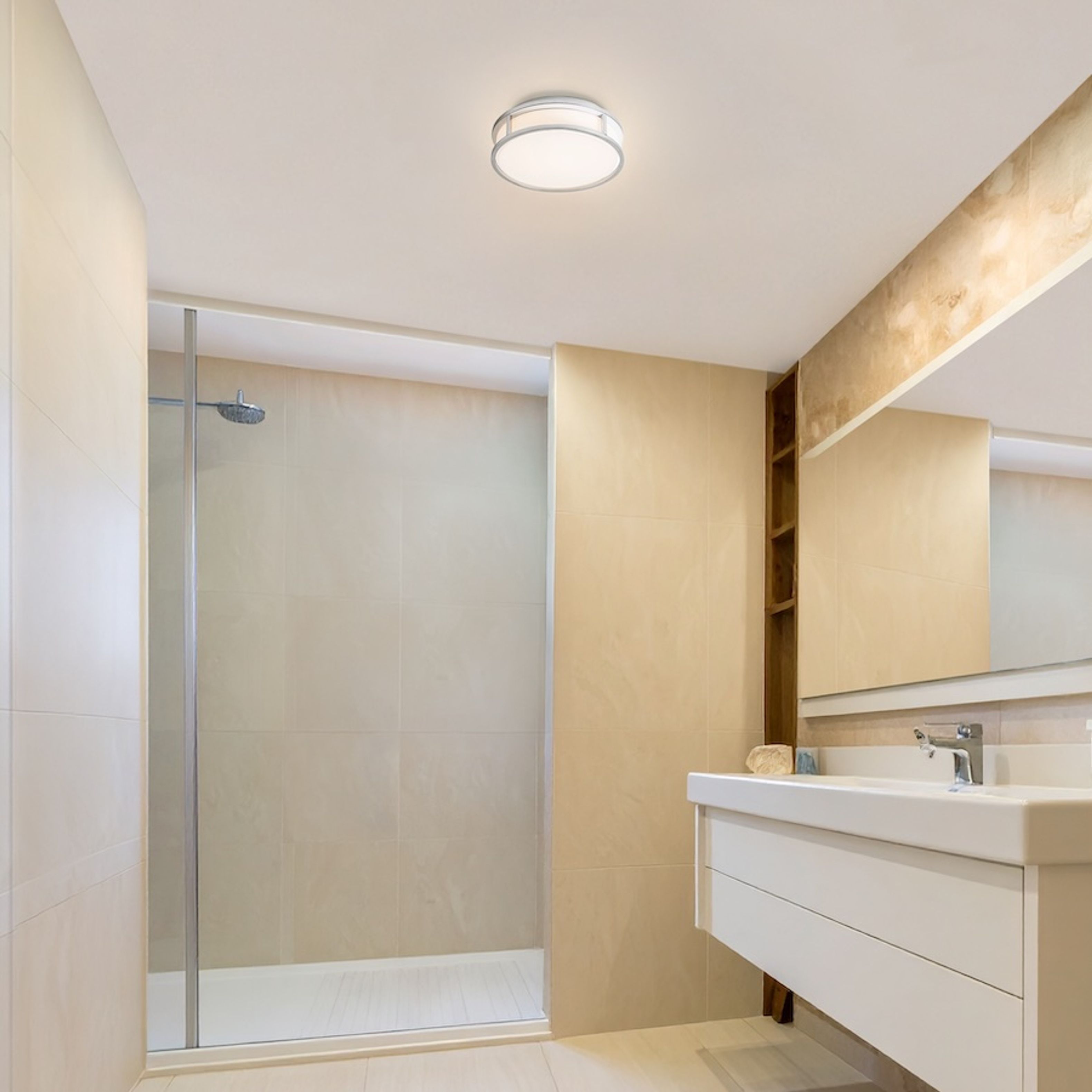 Plafoniera pentru baie cu LED încorporat, un capac plat din sticlă de culoare opal și cadru metalic, GRANDE LED 25 de tavan opal/crom 230V 12W IP44 3000K
