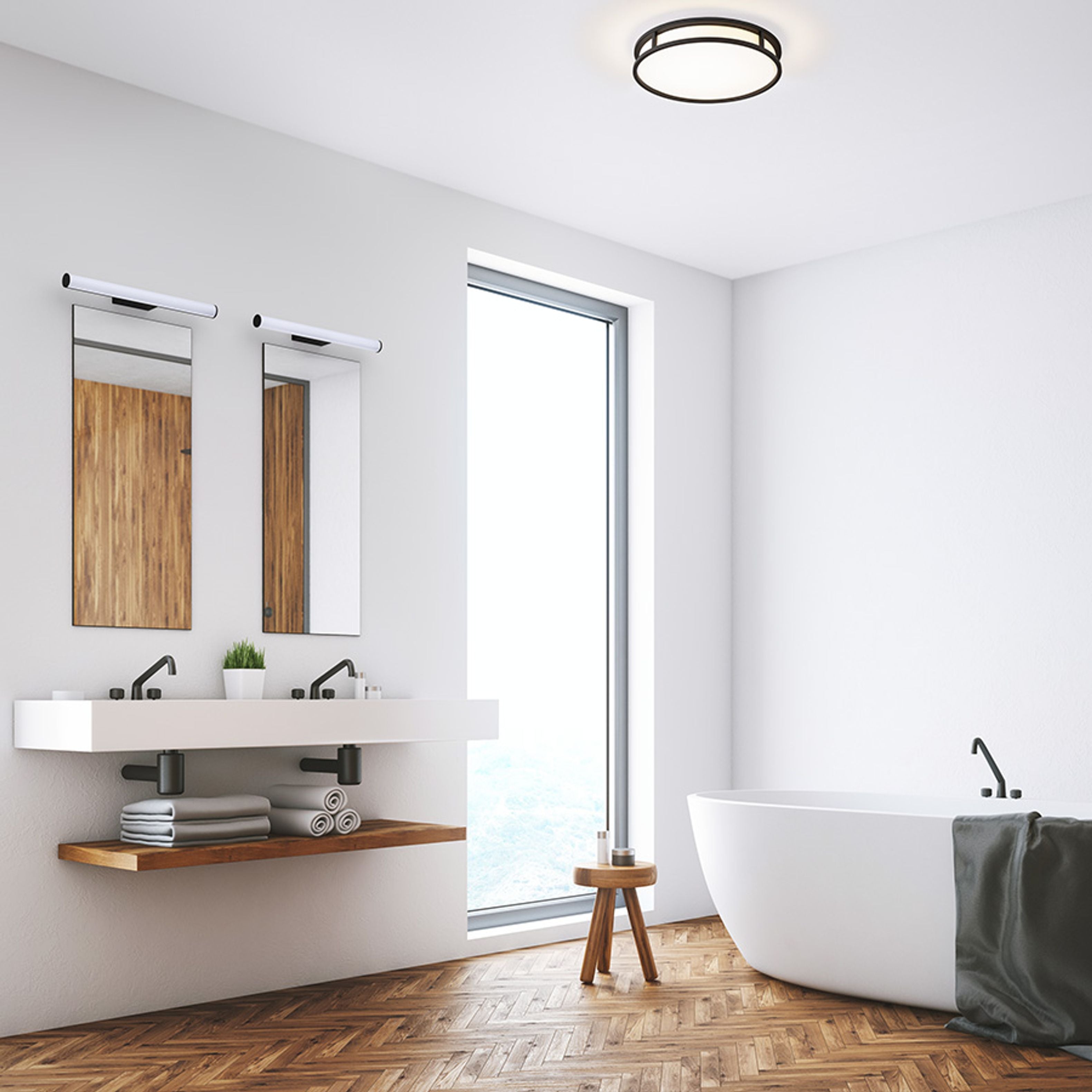 Plafoniera pentru baie cu LED încorporat, un capac plat din sticlă de culoare opal și cadru metalic, GRANDE LED 35 de tavan opal/negru 230V 24W IP44 3000K
