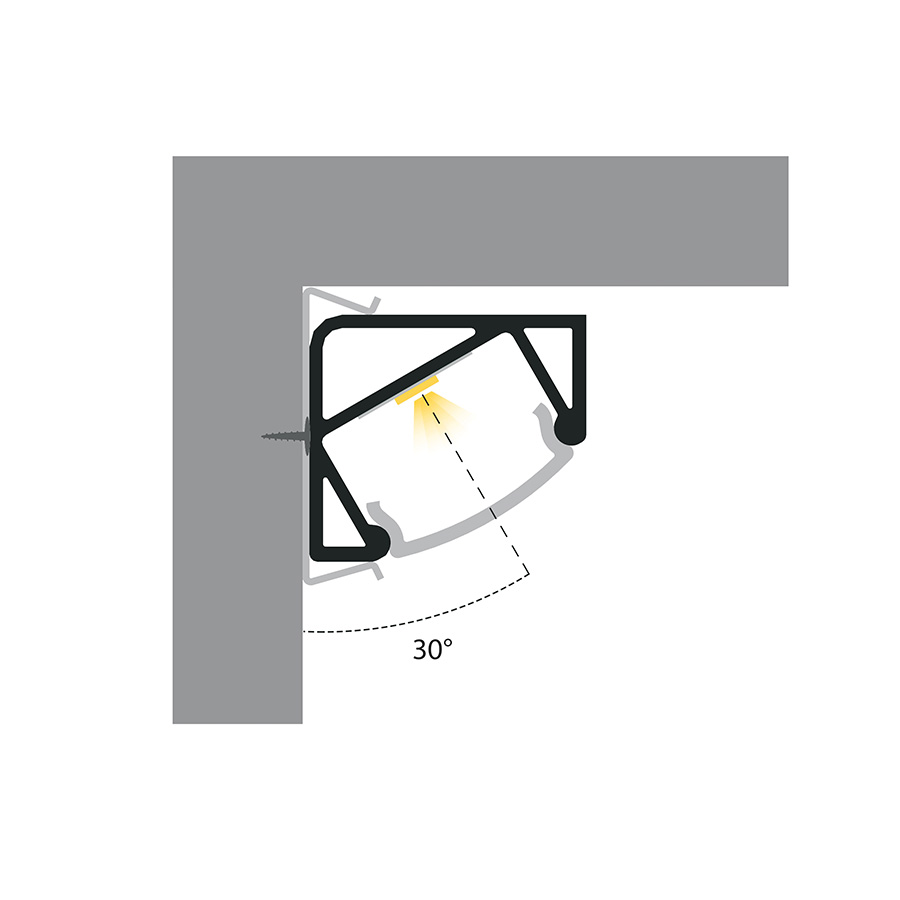 Un profil de aluminiu asimetric de colt pentru pozitionarea unei benzi LED adecvate, LED PROFILE I 30/60 montat pe suprafață 1m anodizat/acrilică mată