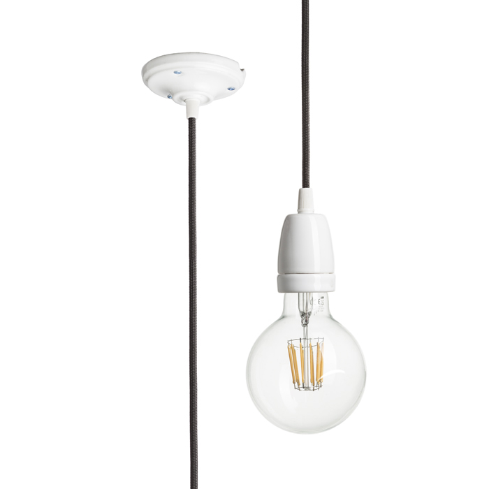 Set elegant pentru suspendare cu capac de tavan din porțelan și soclu E27 pe cablu textil, FABIO suspendat negru porţelan 230V LED 15W