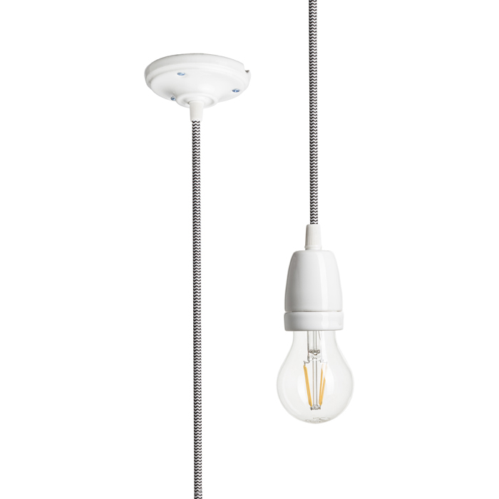 Set elegant pentru suspendare cu capac de tavan din porțelan și soclu E27 pe cablu textil, FABIO suspendat negru/alb porţelan 230V LED 15W