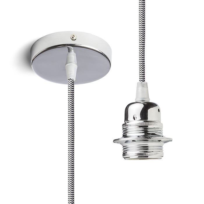 Set suspendat cu bază circulară metalică crom, cablu textil și dulie metalică E27, ELISA BC+CN/A+DCR 230V LED 15W