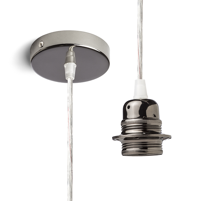 Set suspendat cu bază circulară metalică crom negru, cablu textil și dulie metalică E27, ELISA BCN+CT+DNC 230V LED 15W