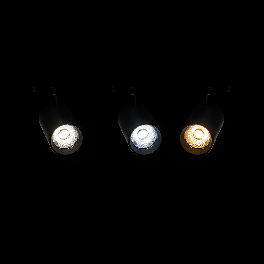 Spot cilindric reglabil pentru șină cu 1-circuit, cu posibilitatea de a comuta culoarea luminii, WISH 20 DIMM cu 1-circuit negru 230V LED 20W 36° 3000K 4000K 5000K