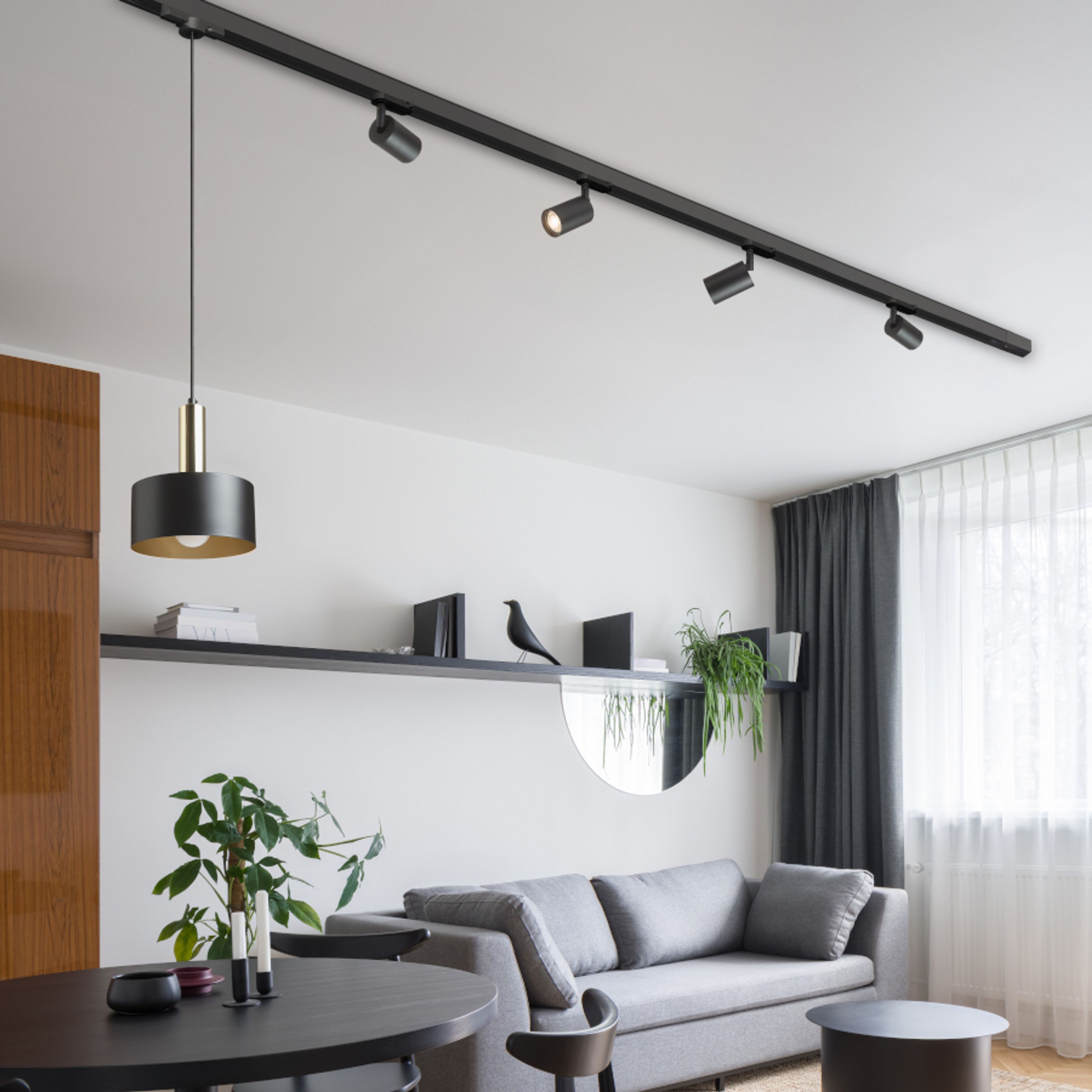 Spot cilindric cu priza GU10 pentru surse de lumina LED si adaptor pentru sine cu 3-circuite, DUDE șină cu negru 230V 9W