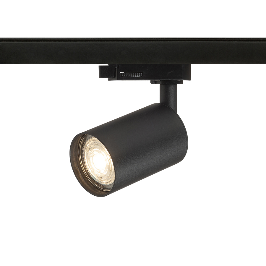 Spot cilindric cu priza GU10 pentru surse de lumina LED si adaptor pentru sine cu 3-circuite, DUDE șină cu negru 230V 9W