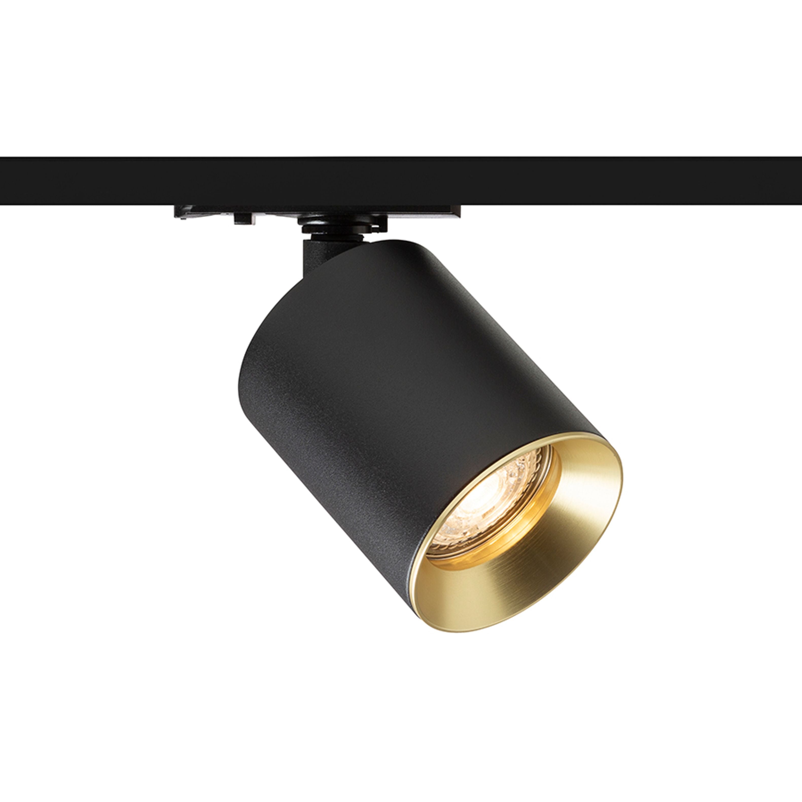 Spot cilindric cu soclu GU10 pentru surse de lumina LED, inclusiv o nuanță decorativa din alama, DARIO șină cu 1-circuit negru alamă pieptănat 230V LED 9W